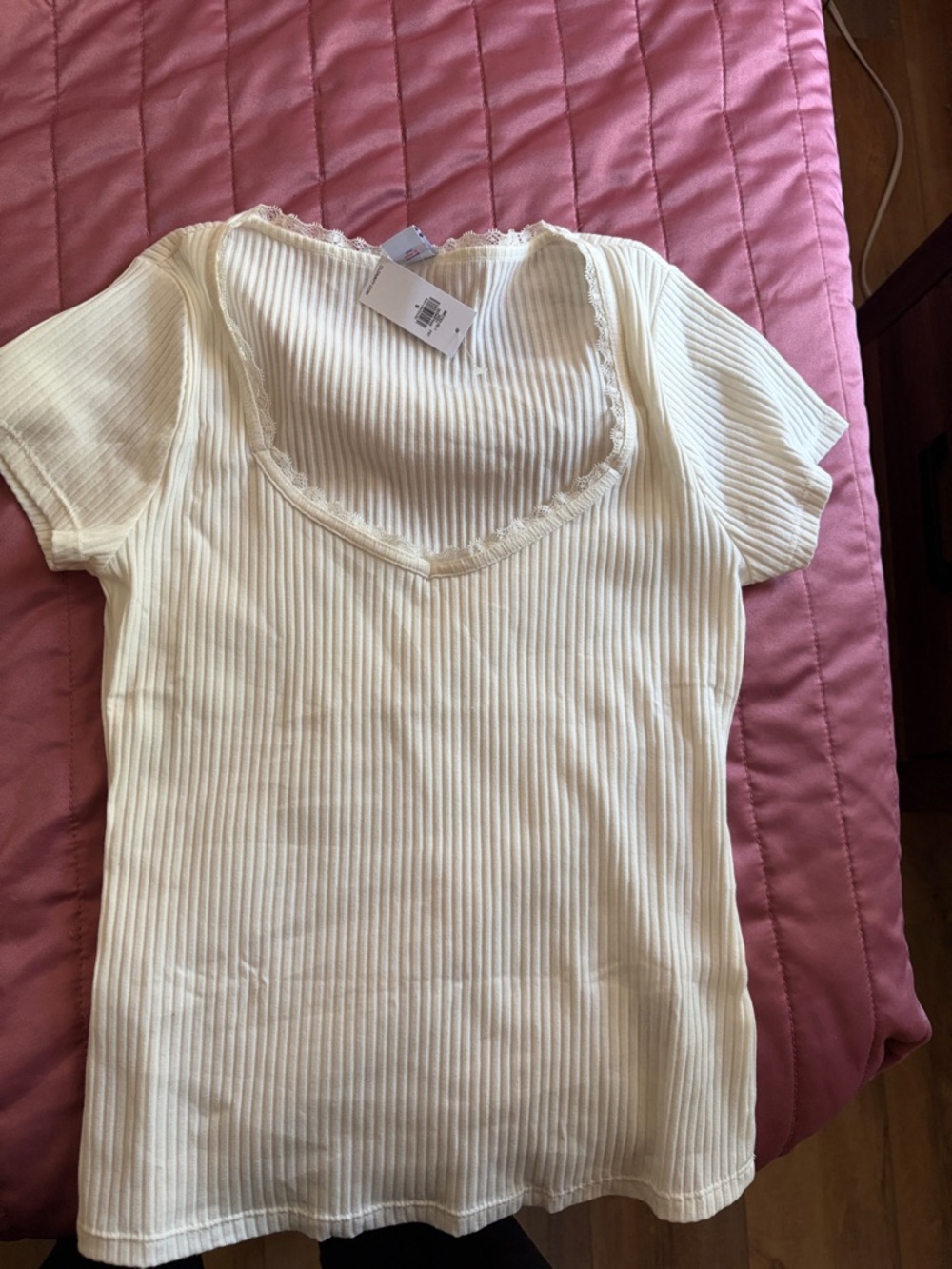Old Navy Top Ribbed Lace-Trim Short Sleeve Top